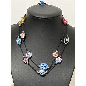 Set Of 2 Vintage Lampwork Art Glass Beaded Necklaces Flowers Butterflies 15”